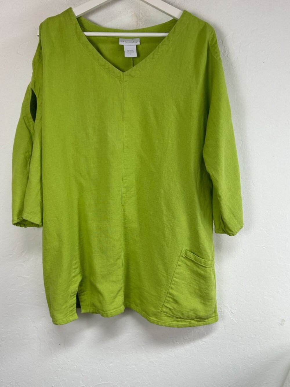 Soft Surroundings Gabby Gauze Tunic Top Large Green V-Neck Slit Sleeve Pocket